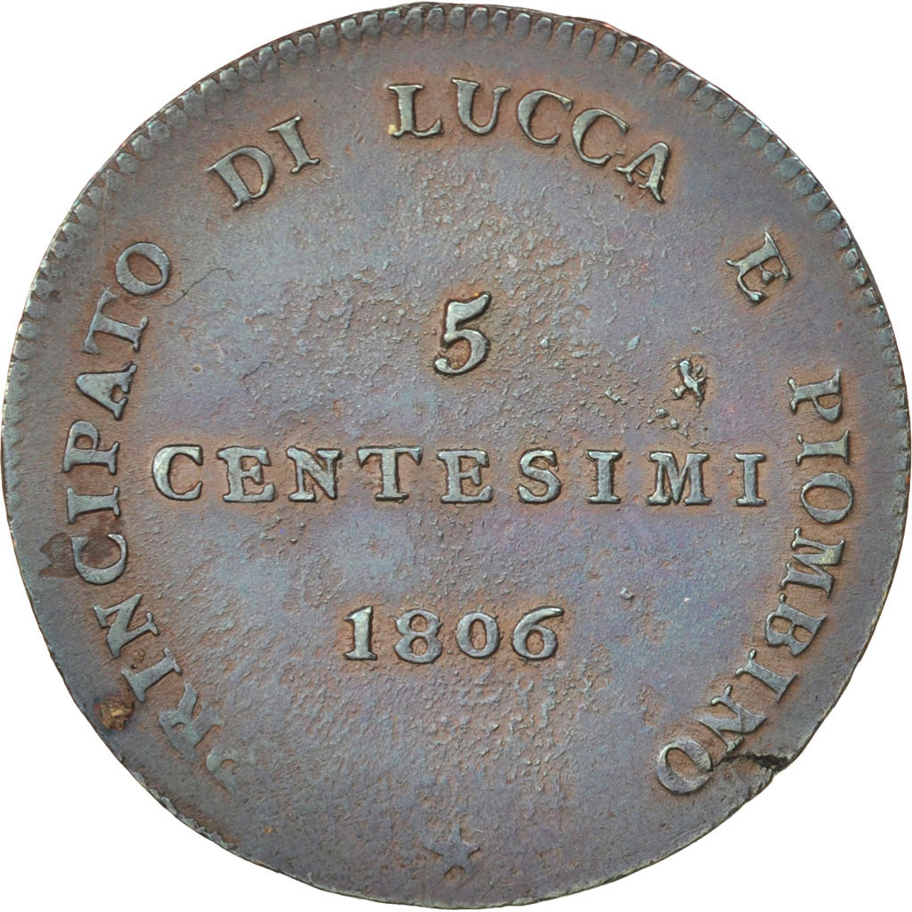 Coin, ITALIAN STATES, LUCCA, 5 Centesimi, 1806, MS(60-62), Copper, KM:22