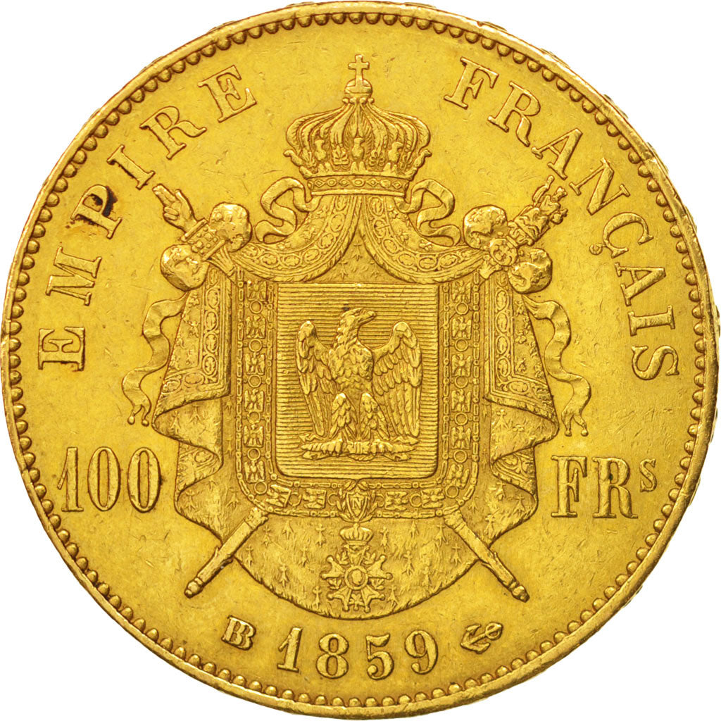 France, Napoleon III, 100 Francs or, 1859 BB, Strasbourg, KM:786.2