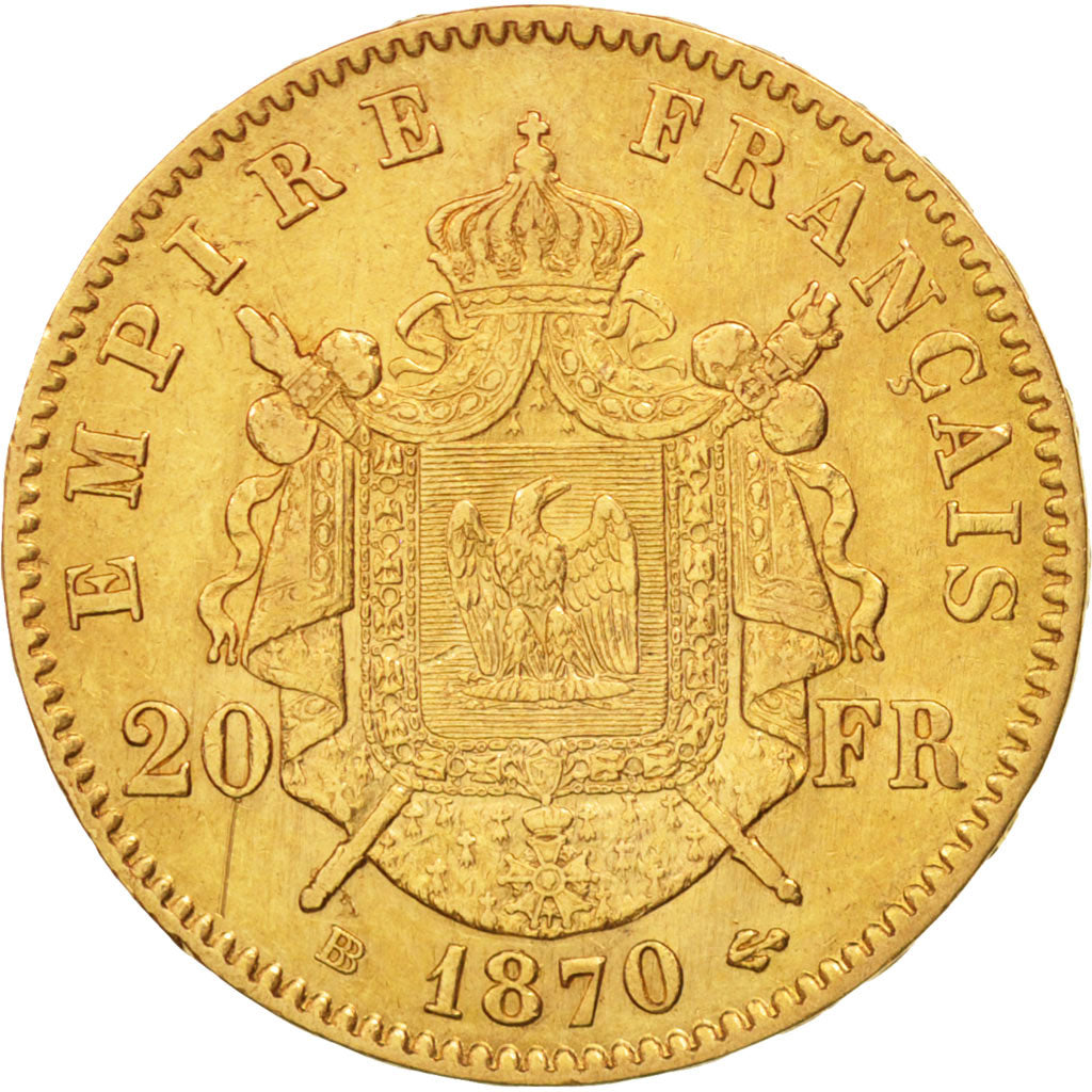 France, Napoleon III, 20 Francs or, 1870 BB, Strasbourg, KM:801.2