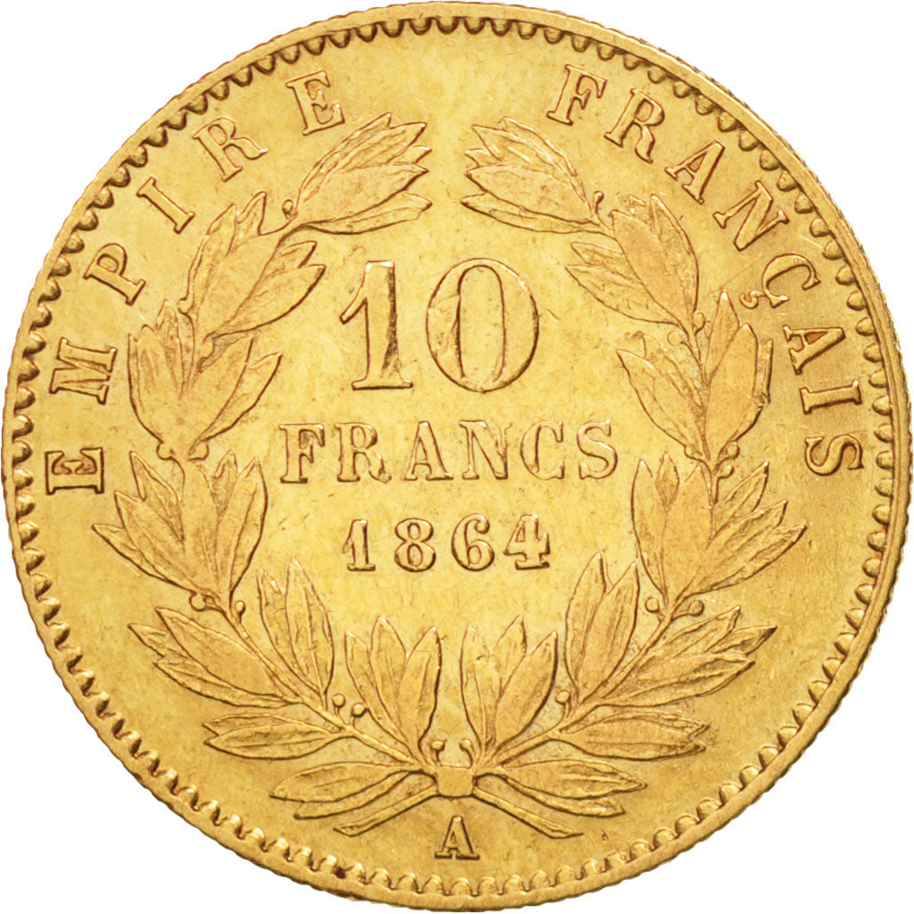 France, Napoleon III, 10 Francs, 1864 A, Paris, KM:800.1