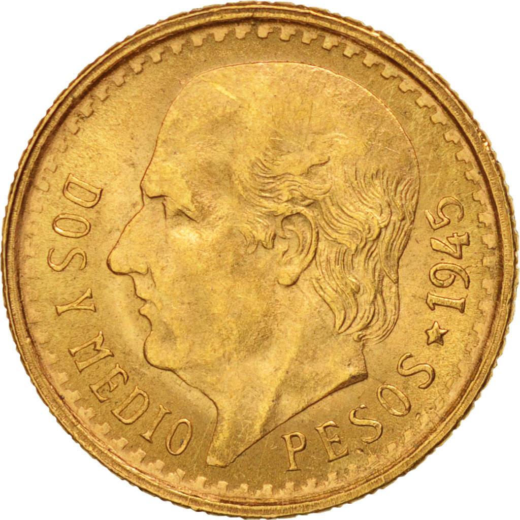 Mexico, 2-1/2 Pesos, 1945, Mexico City, Gold, KM:463
