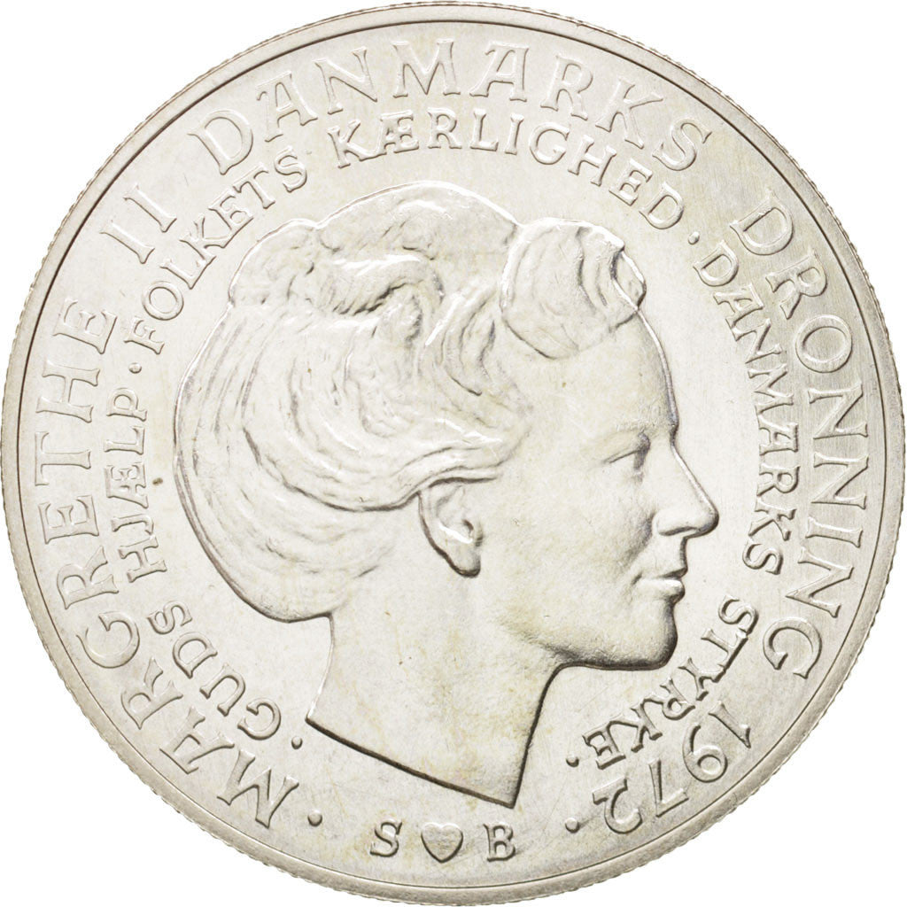 Coin, Denmark, Margrethe II, 10 Kroner, 1972, Copenhagen, MS(63), Silver, KM:858