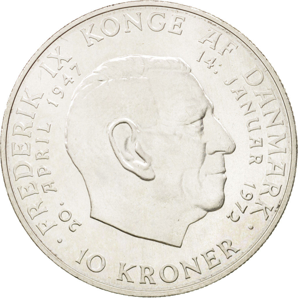 Coin, Denmark, Margrethe II, 10 Kroner, 1972, Copenhagen, MS(63), Silver, KM:858