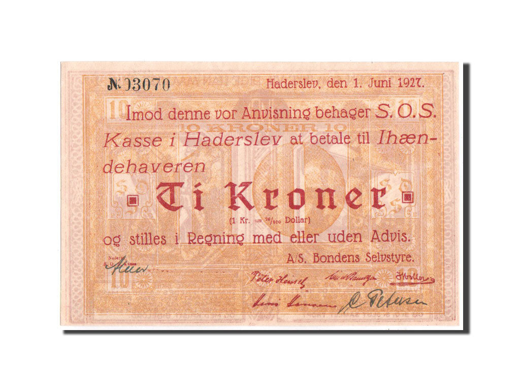 Banknote, Denmark, Haderslev, 10 Kroner, Vikings, 1927, 1927, UNC(65-70)