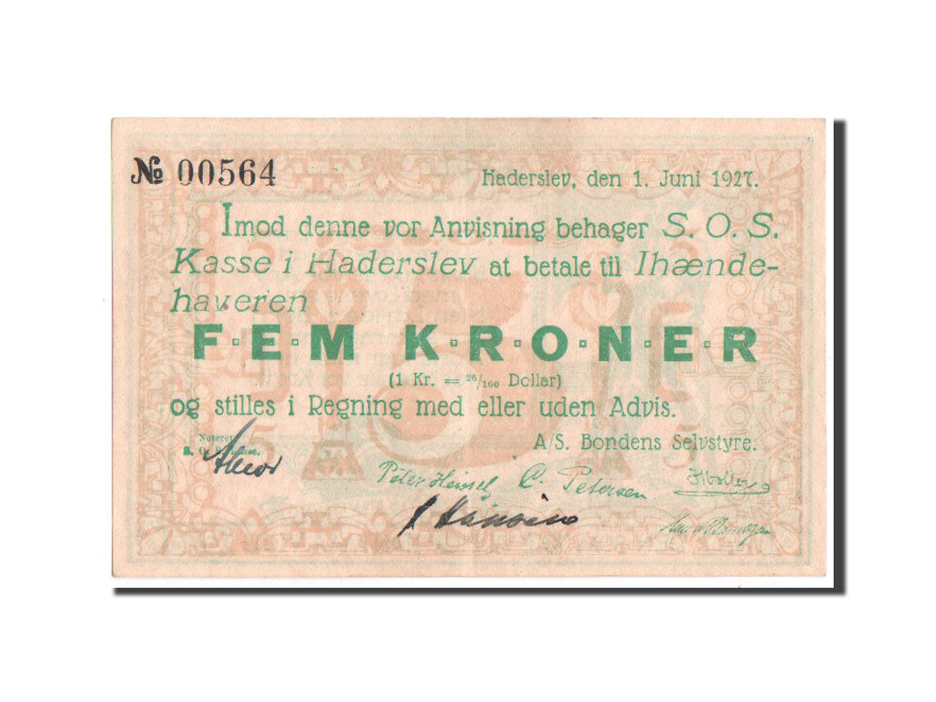 Banconote, Danimarca, Haderslev, 5 Kroner, Farmer, 1927, 1927, BB+