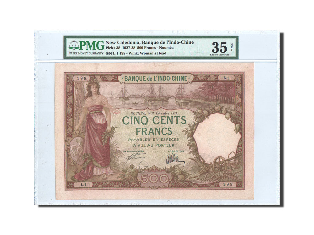 New Caledonia, Noumea, 500 Francs, 1927, PMG Ch VF35, KM:38