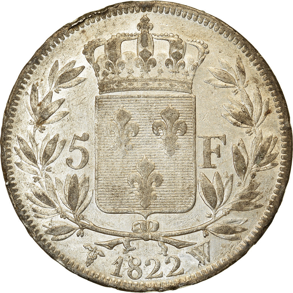 Moneda, Francia, Louis XVIII, Louis XVIII, 5 Francs, 1822, Lille, BC+, Plata