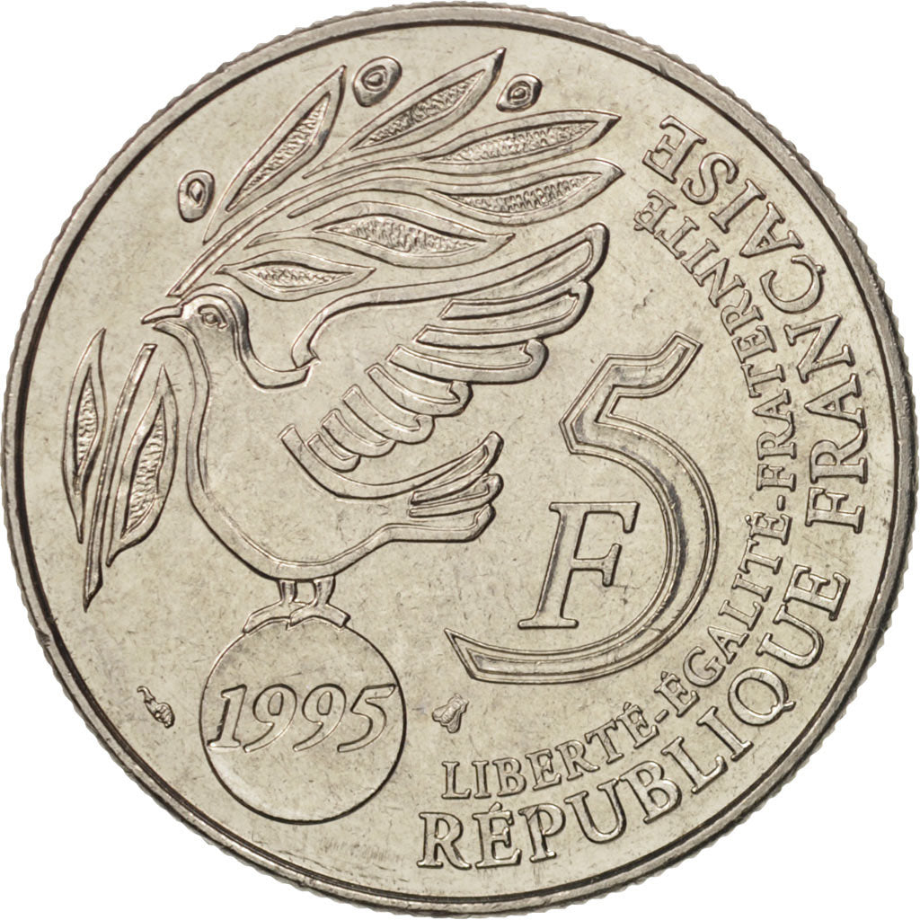 France, ONU, 5 Francs, 1995, Paris, MS(60-62), Nickel Clad Copper-Nickel