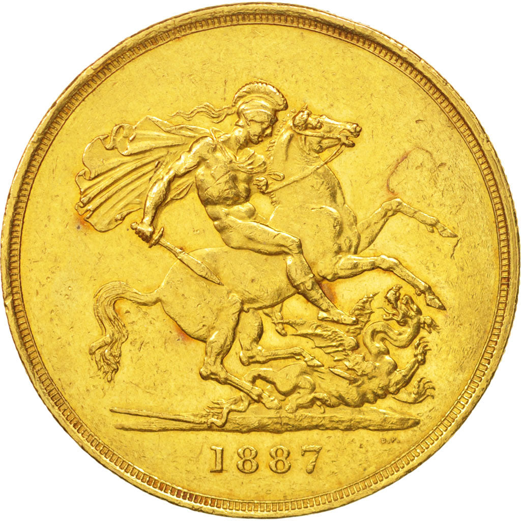 Great Britain, Victoria, 5 Pounds, 1887, AU(50-53), Gold, KM:769