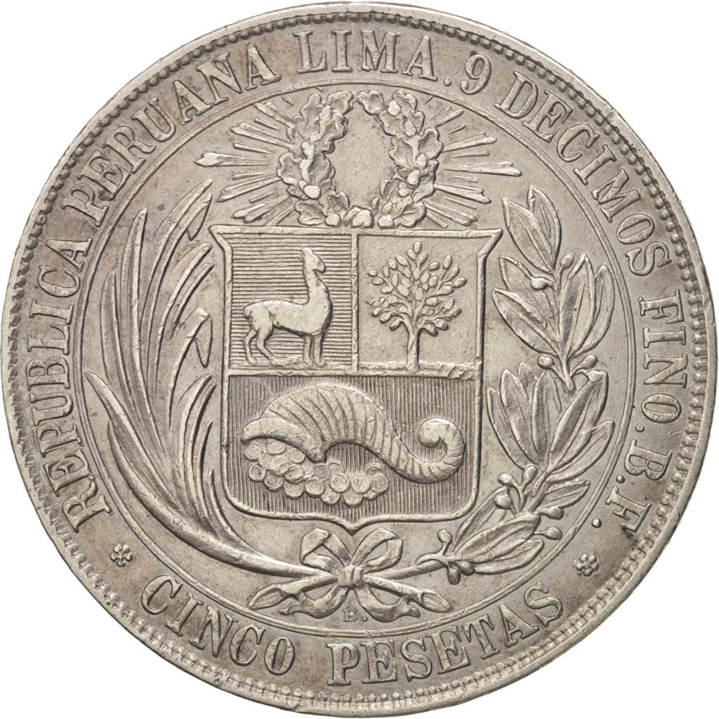 Peru, 5 Pesetas, 1880, Lima, SS, Silber, KM:201.2