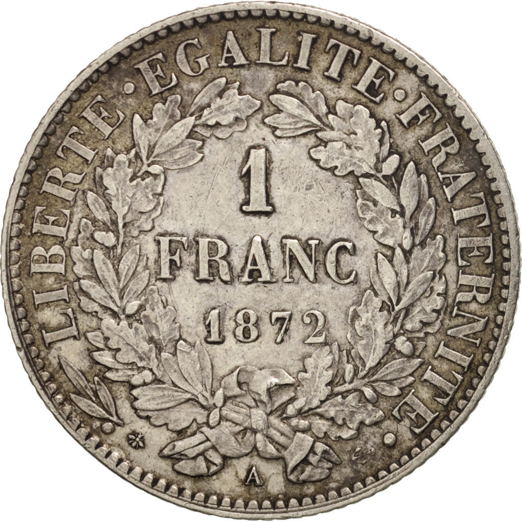 France, Cérès, Franc, 1872, Paris, EF(40-45), Silver, KM:822.1, Gadoury:465a