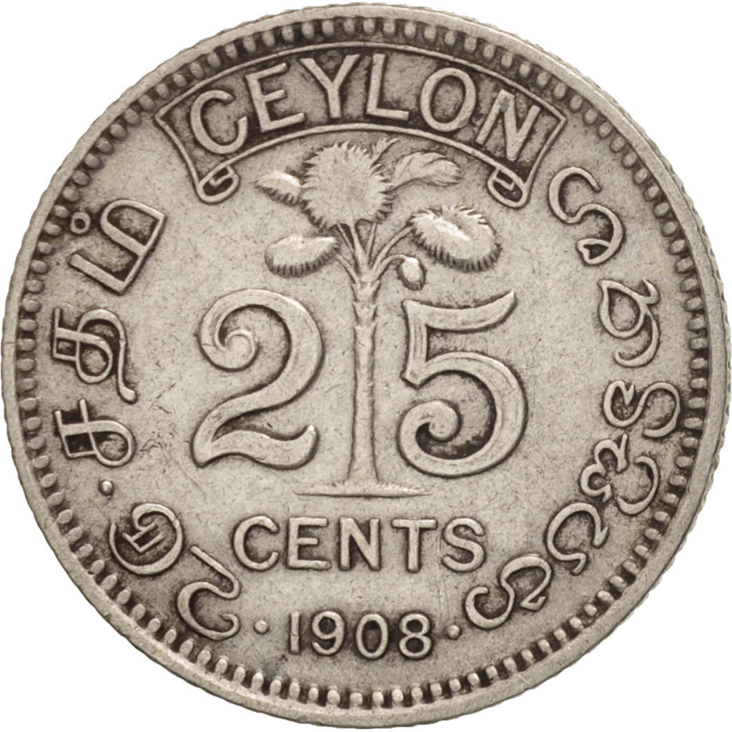 Ceylon, Edward VII, 25 Cents, 1908, VF(20-25), Silver, KM:98