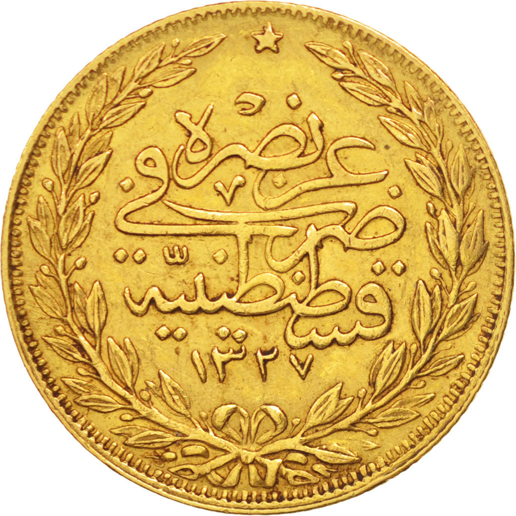 Turkey, Muhammad V, 100 Kurush, 1911, Qustantiniyah, EF(40-45), Gold, KM:754