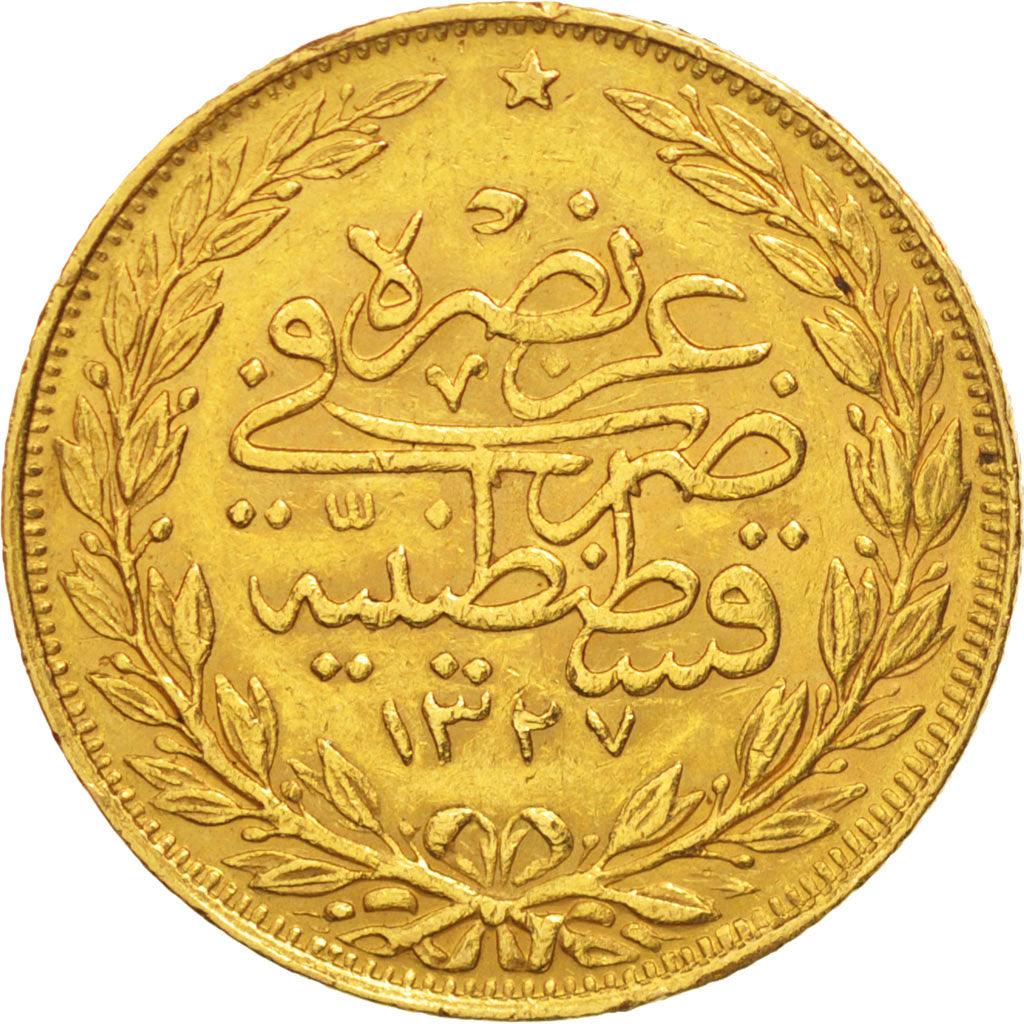 Turkey, Muhammad V, 100 Kurush, 1911, Qustantiniyah, AU(50-53), Gold, KM:754