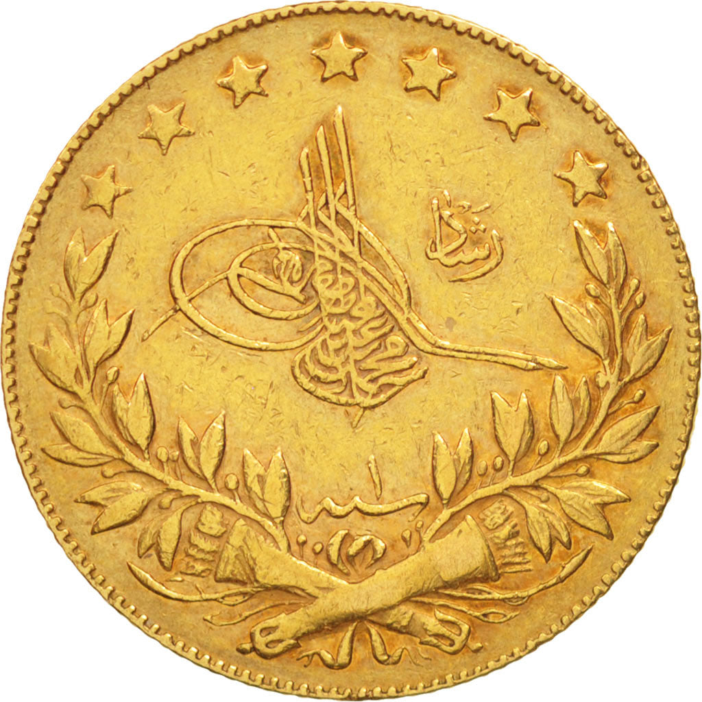 Coin, Turkey, Muhammad V, 100 Kurush, 1909, Qustantiniyah, EF(40-45), Gold