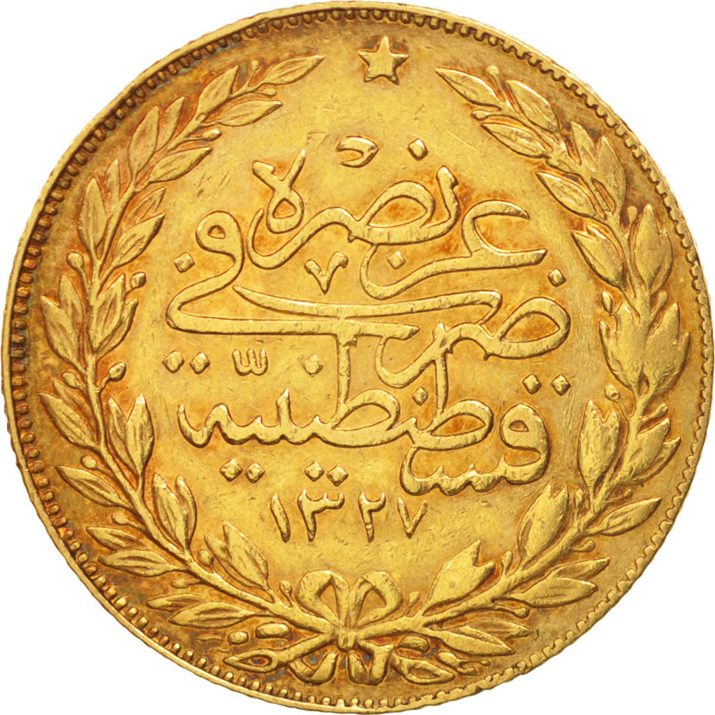 Coin, Turkey, Muhammad V, 100 Kurush, 1909, Qustantiniyah, EF(40-45), Gold