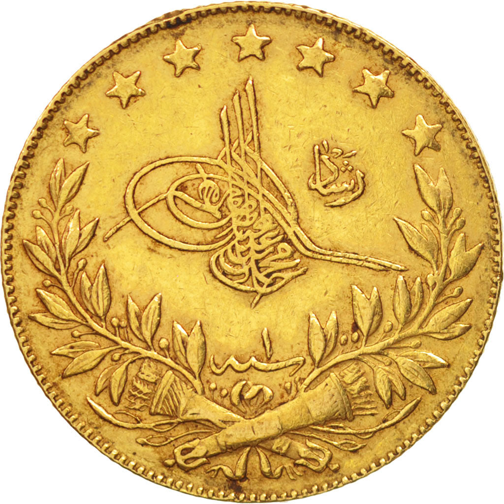 Coin, Turkey, Muhammad V, 100 Kurush, 1909, Qustantiniyah, EF(40-45), Gold