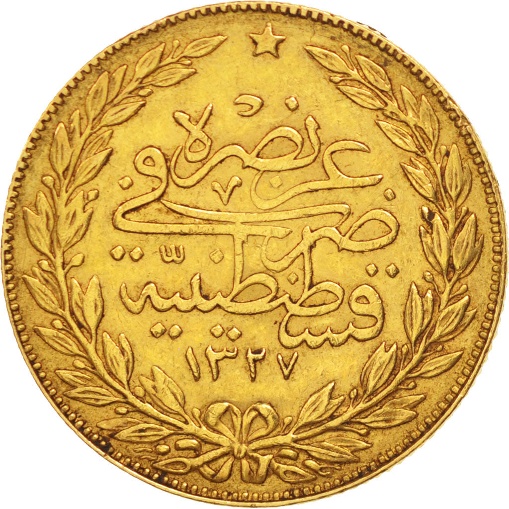 Coin, Turkey, Muhammad V, 100 Kurush, 1909, Qustantiniyah, EF(40-45), Gold