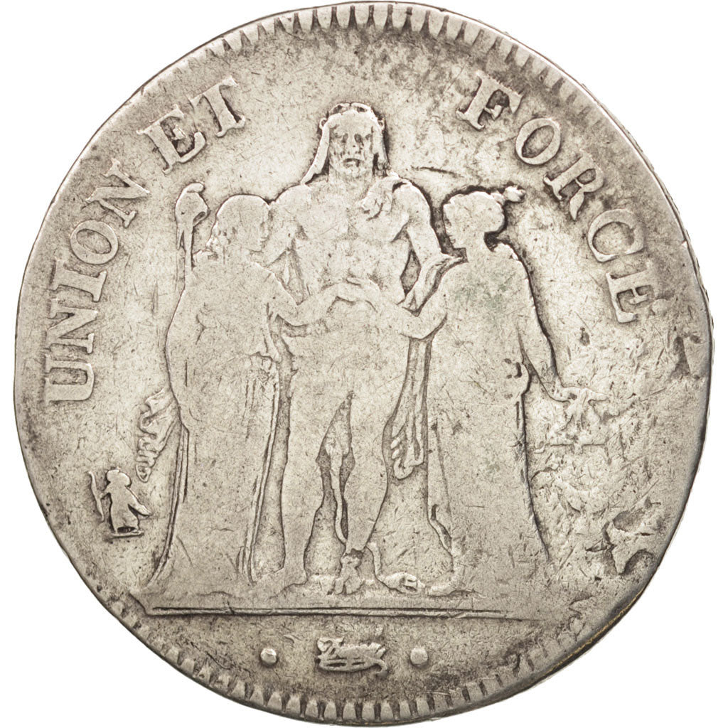 France, Union et Force, 5 Francs, 1798, Bordeaux, VF(20-25), Silver, KM:639.5