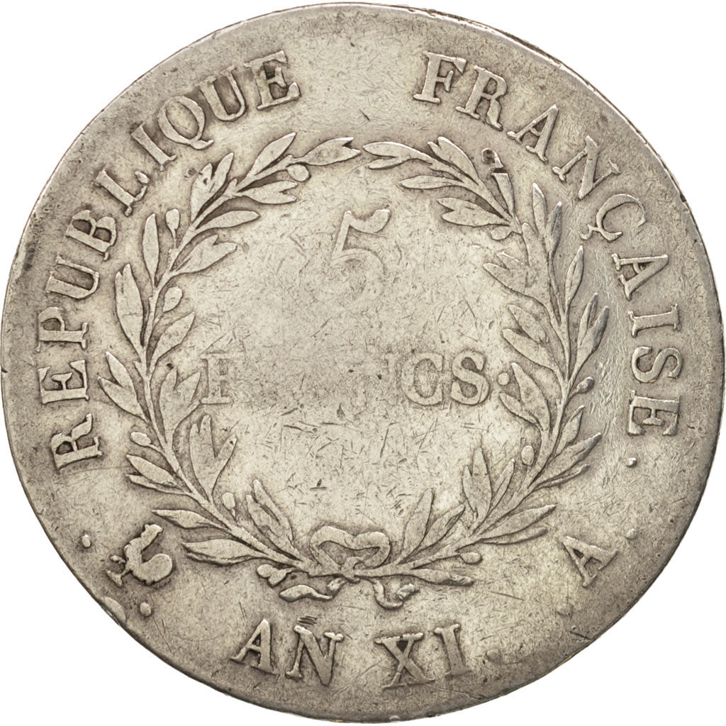 France, 5 Francs, An XI, Paris, VF(20-25), Silver, KM:650.1, Gadoury:577