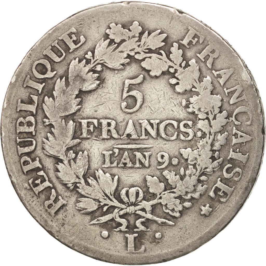 France, Union et Force, 5 Francs, AN 9, Bayonne, F(12-15), Silver, KM:639.6