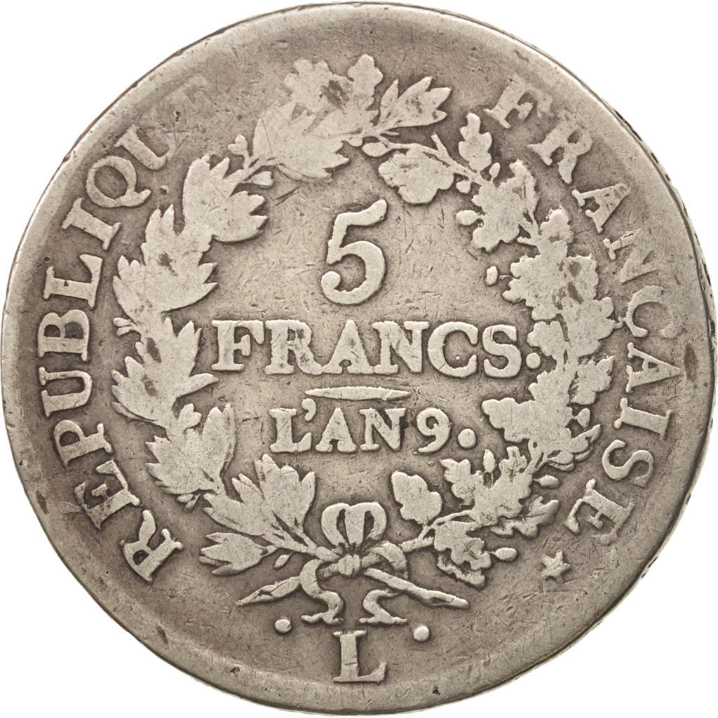 France, Union et Force, 5 Francs, AN 9, Bayonne, F(12-15), Silver, KM:639.6