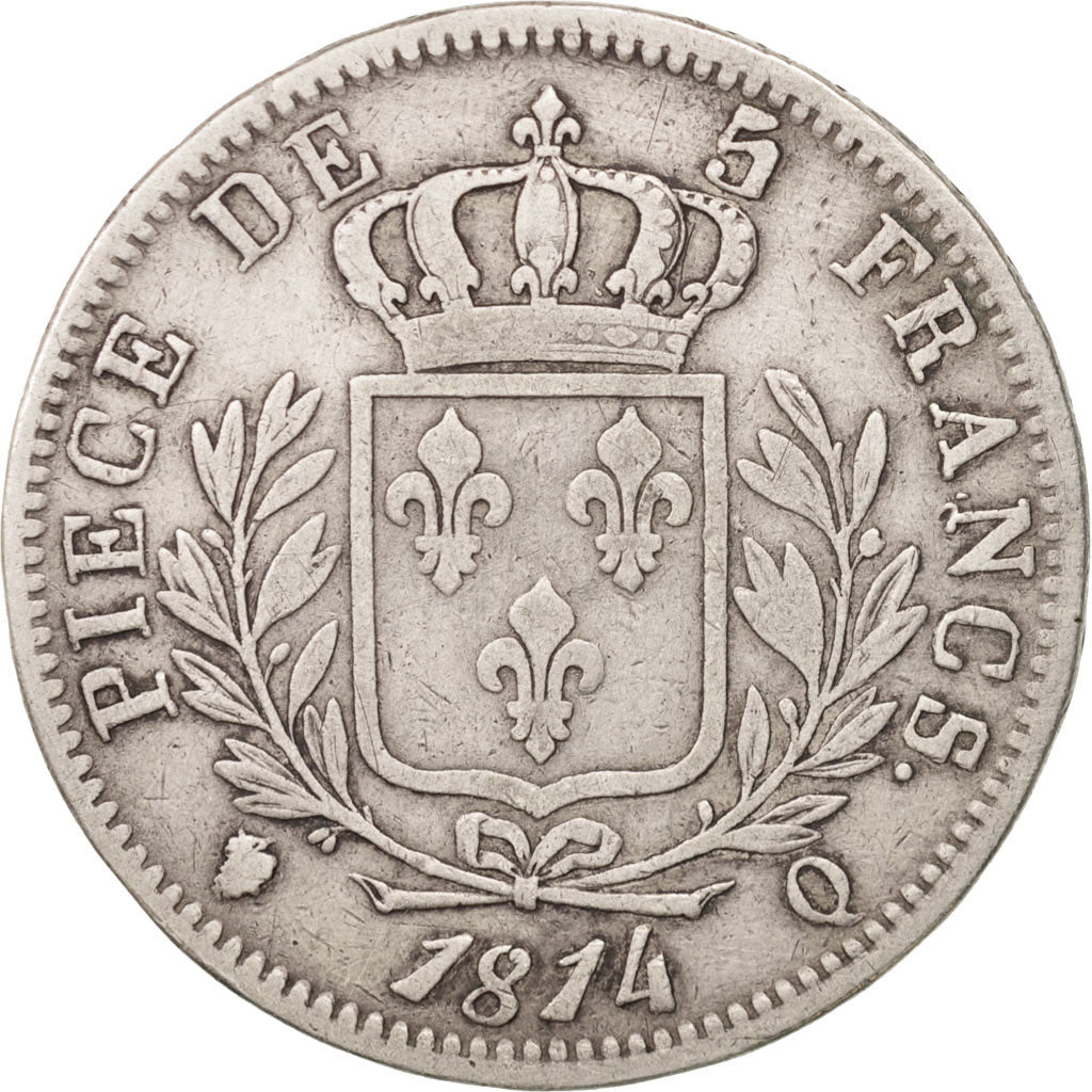 France, Louis XVIII, 5 Francs, 1814, Perpignan, VF(30-35), Silver, KM:702.11