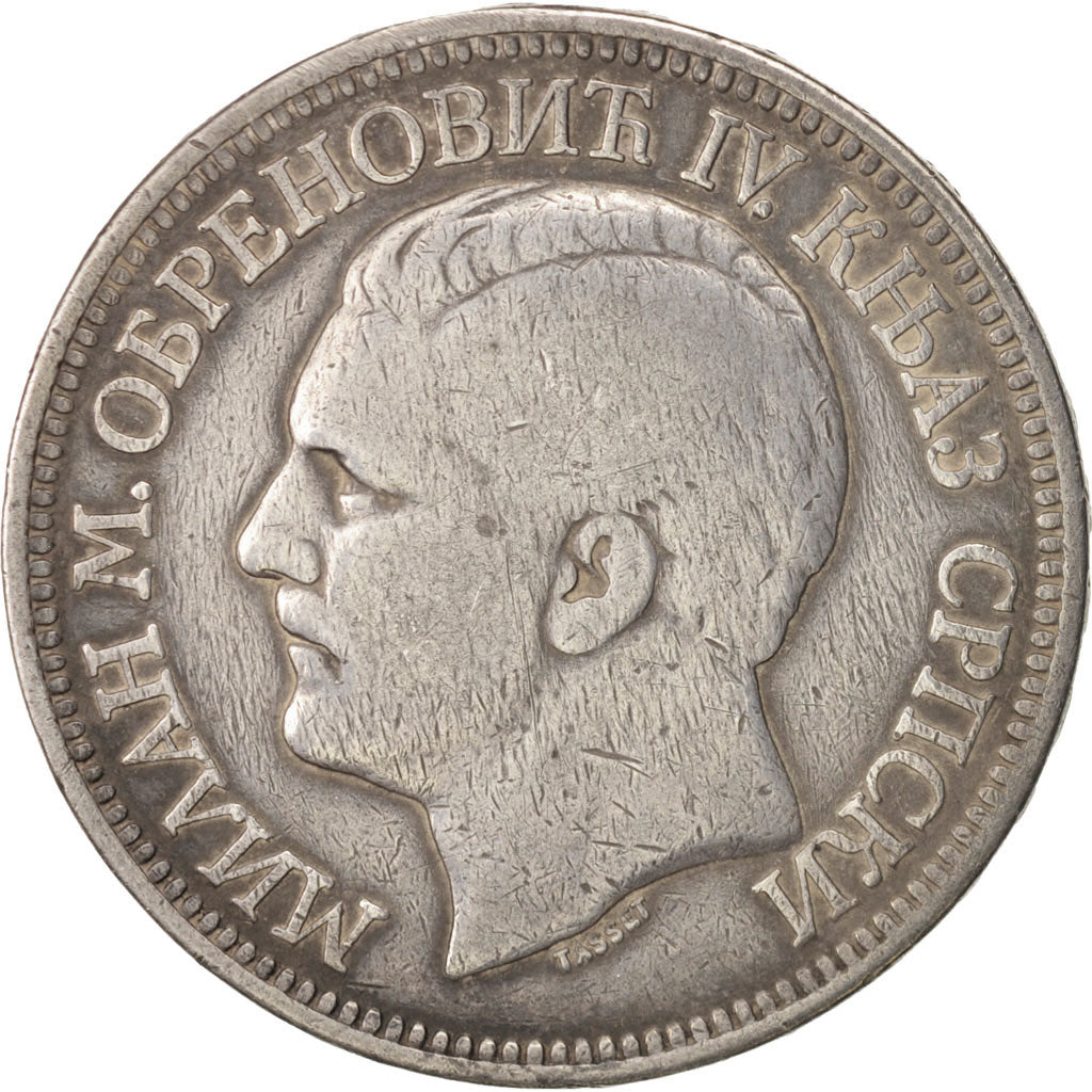 Moneda, Serbia, Milan I, 5 Dinara, 1879, BC+, Plata, KM:12