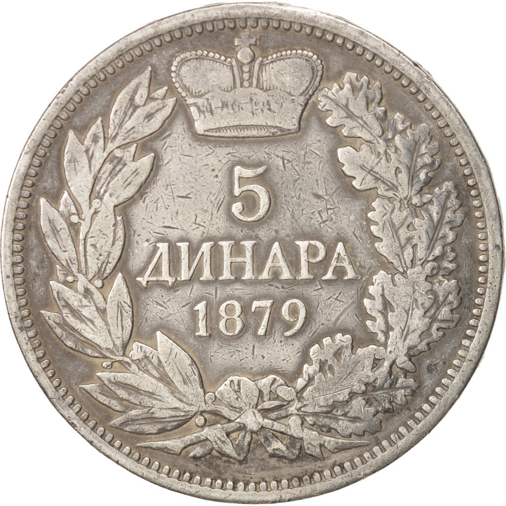 Moneda, Serbia, Milan I, 5 Dinara, 1879, BC+, Plata, KM:12