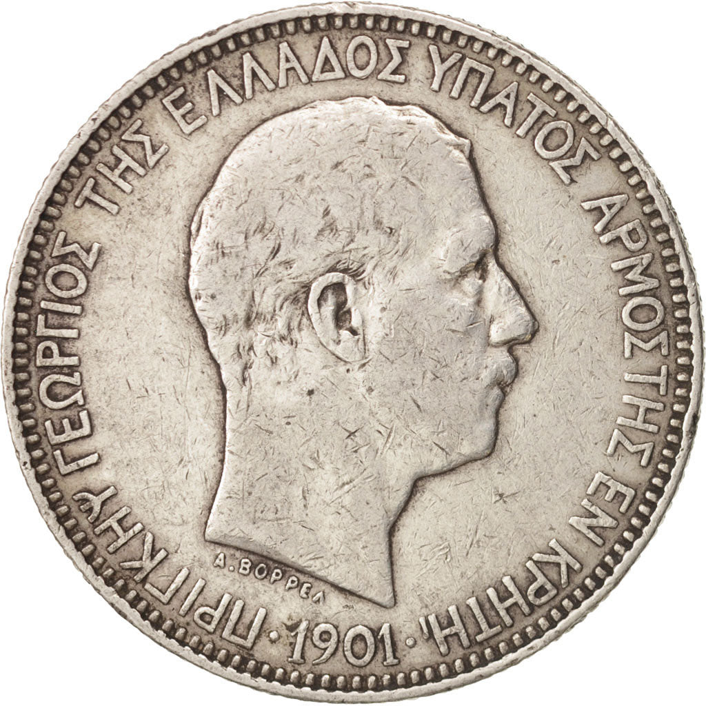 Crete, Prince George, 5 Drachmai, 1901, Paris, VF(30-35), Silver, KM:9