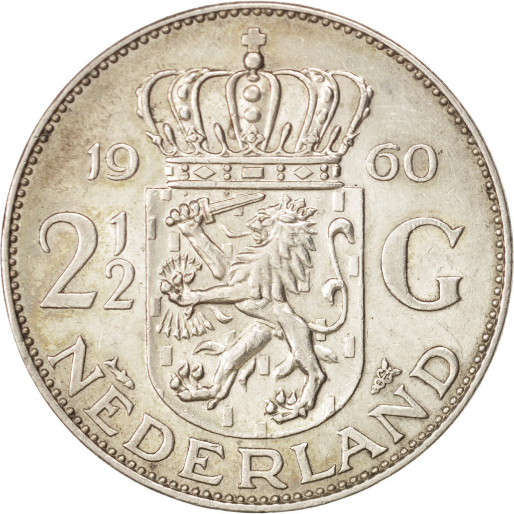Coin, Netherlands, Juliana, 2-1/2 Gulden, 1960, AU(55-58), Silver, KM:185