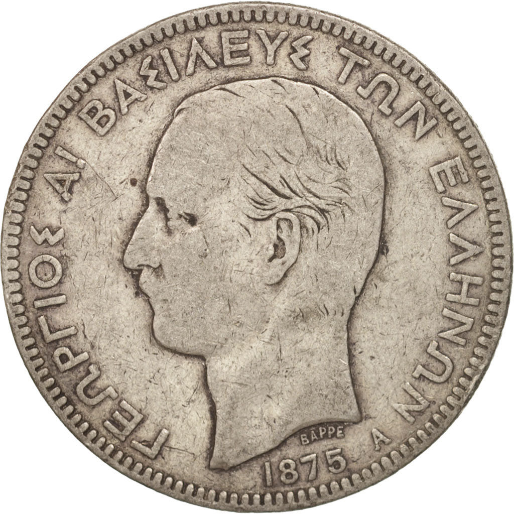 Greece, George I, 5 Drachmai, 1875, Paris, VF(20-25), Silver, KM:46