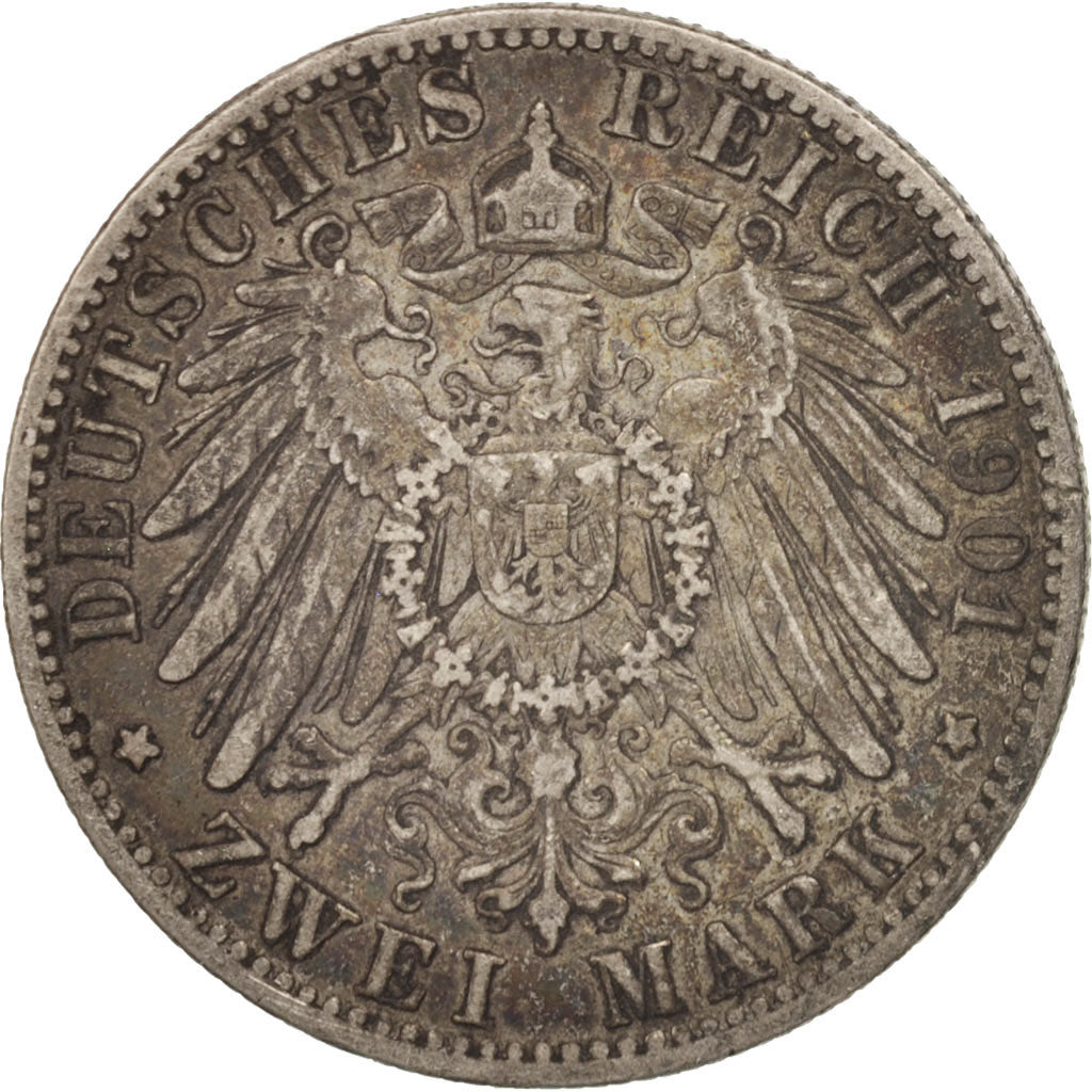 German States, WURTTEMBERG, Wilhelm II, 2 Mark, 1901, Freudenstadt, EF(40-45)