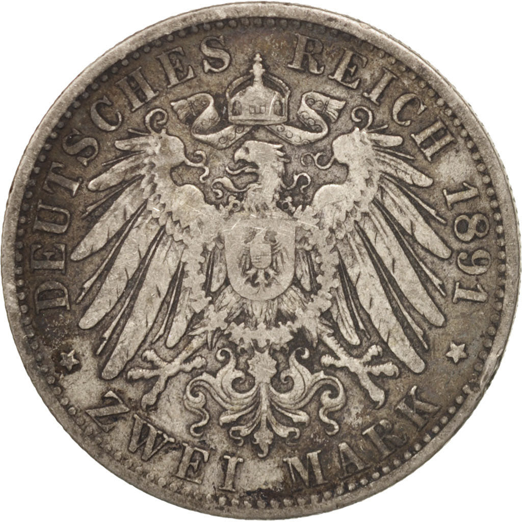 German States, BAVARIA, Otto, 2 Mark, 1891, Munich, EF(40-45), Silver, KM:913
