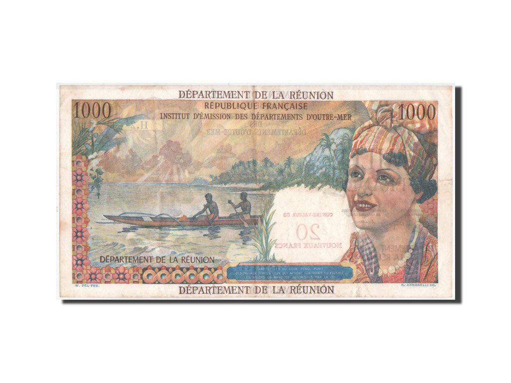 Reunion, 20 Nouveaux Francs on 1000 Francs, 1967, KM:55a