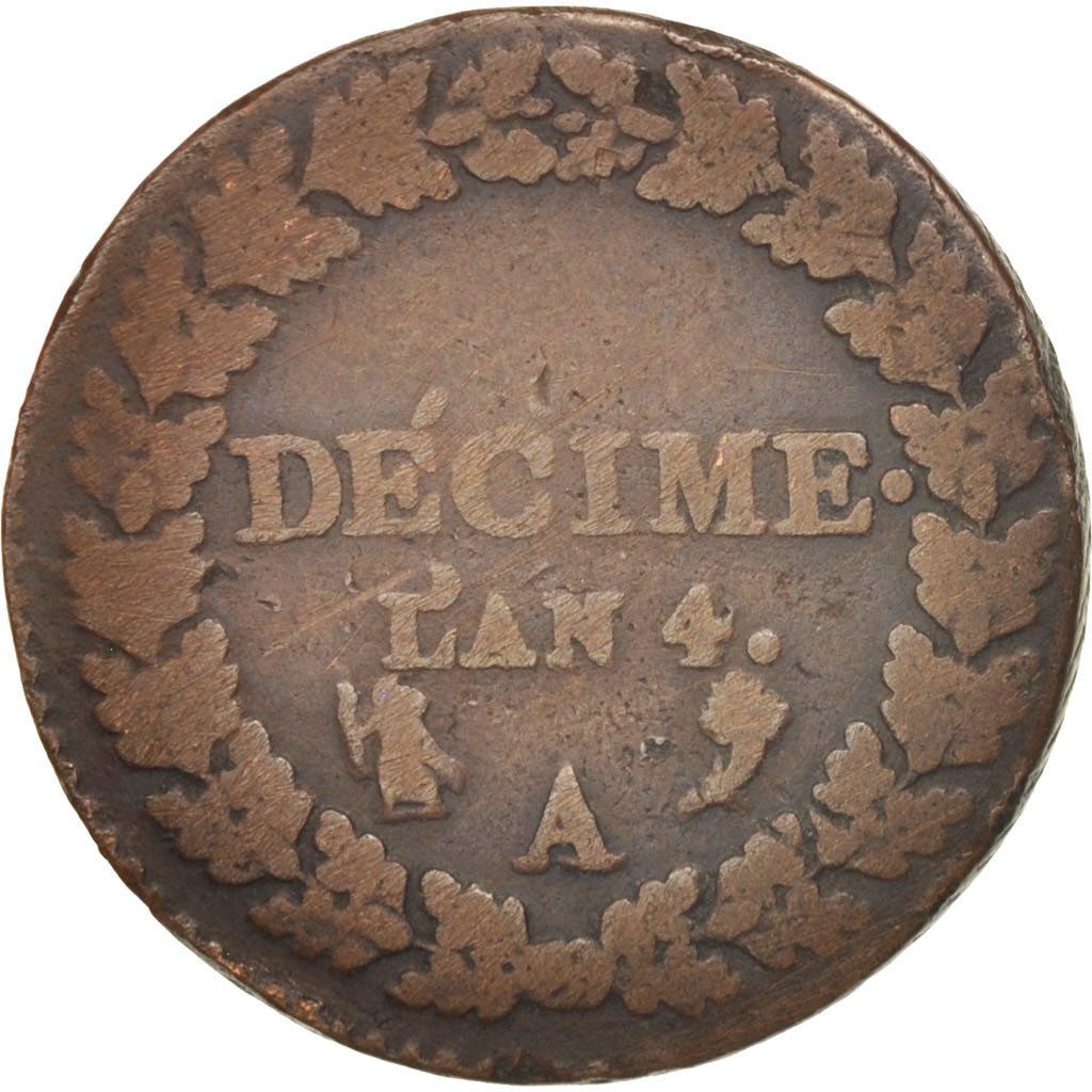 Coin, France, Dupré, Decime, AN 4, Paris, VF(20-25), Bronze, KM:636.1
