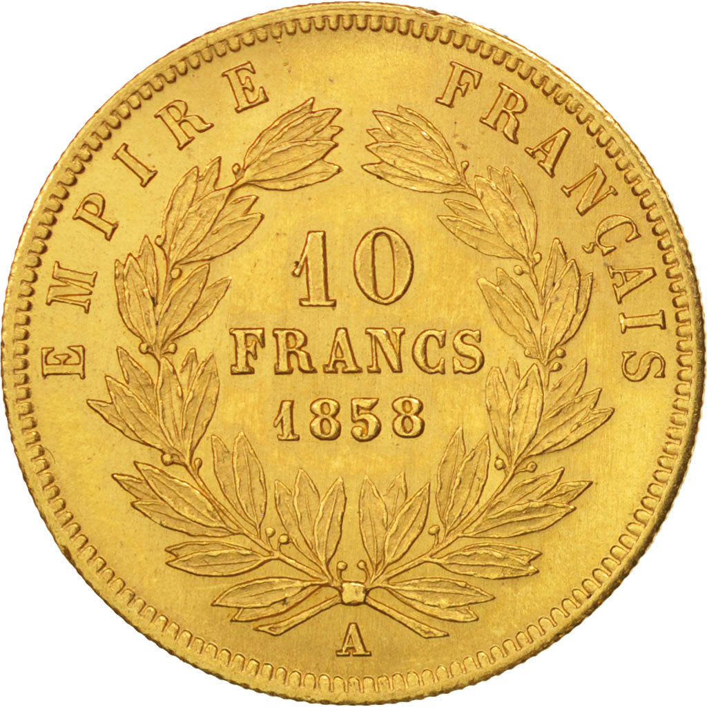 France, 10 Francs, 1858, Paris, MS(60-62), Gold, KM:784.3, Gadoury:1014
