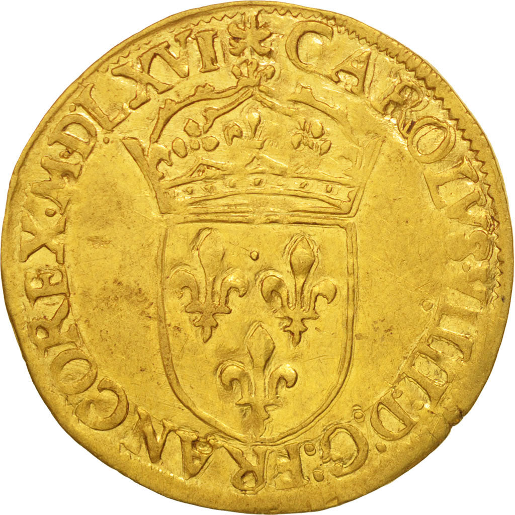 Coin, France, Charles IX, Ecu d'or, 1566, La Rochelle, AU(50-53), Gold