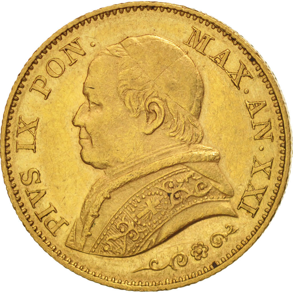ITALIAN STATES, PAPAL STATES, Pius IX, 20 Lire, 1866, Roma, AU(50-53), Gold