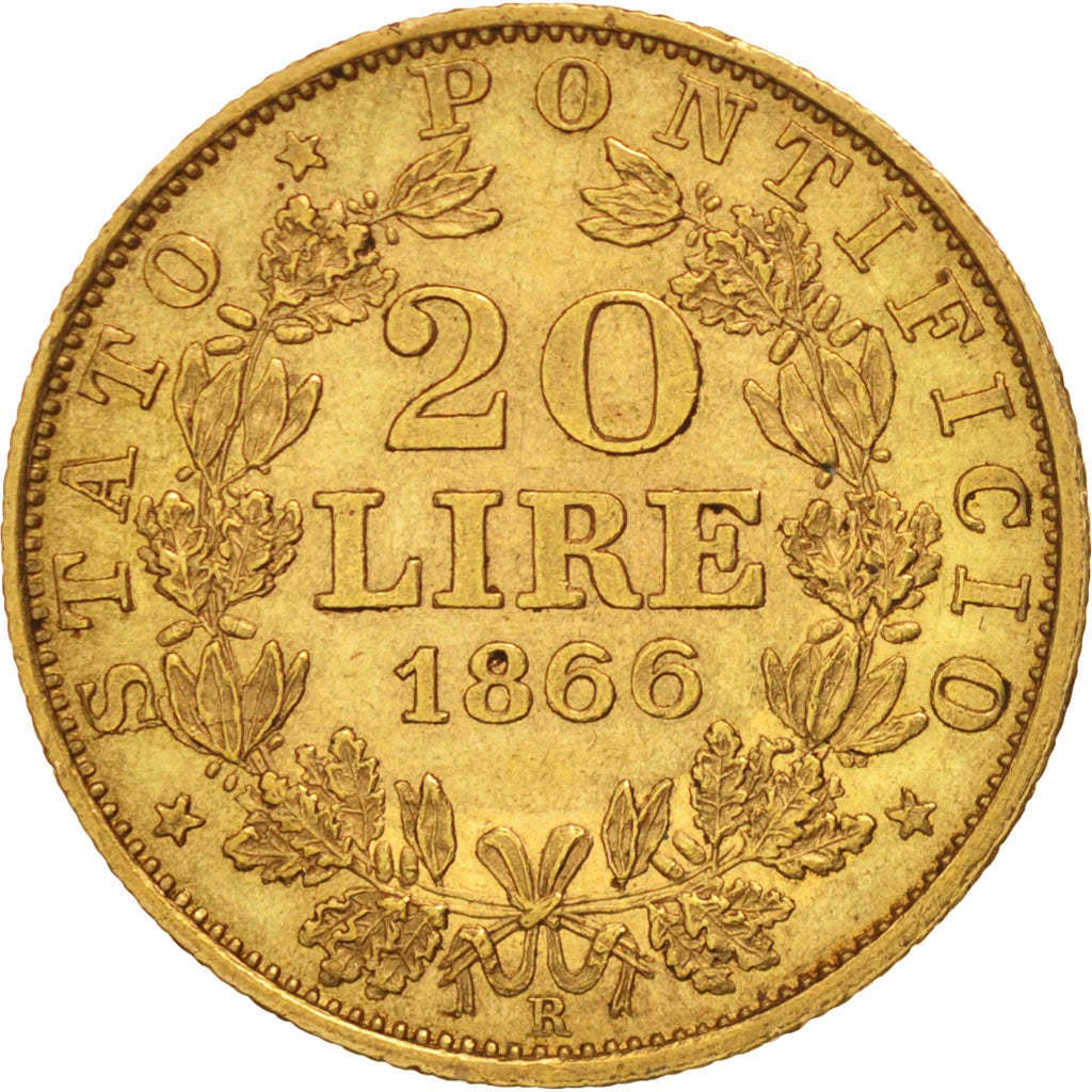 ITALIAN STATES, PAPAL STATES, Pius IX, 20 Lire, 1866, Roma, AU(50-53), Gold