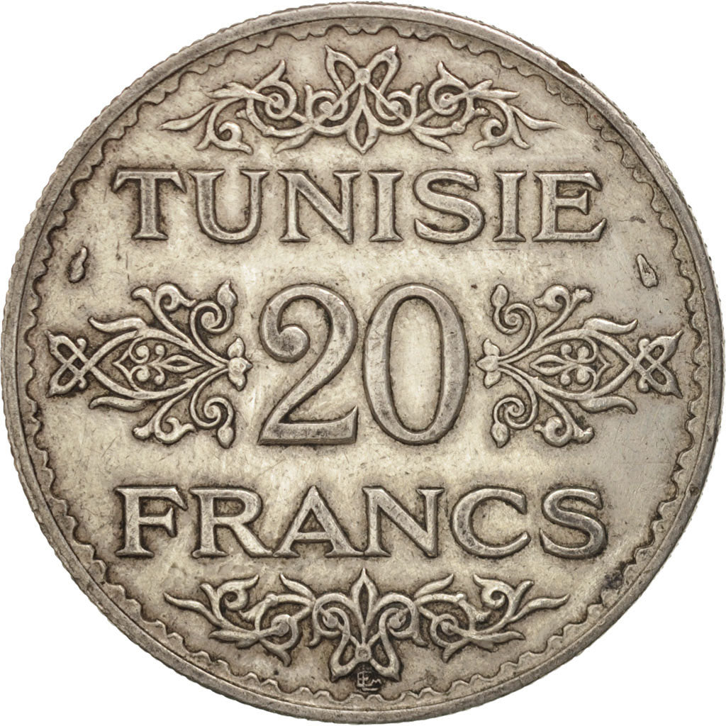 Tunisia, Ahmad Pasha Bey, 20 Francs, 1934, Paris, EF(40-45), Silver, KM:263