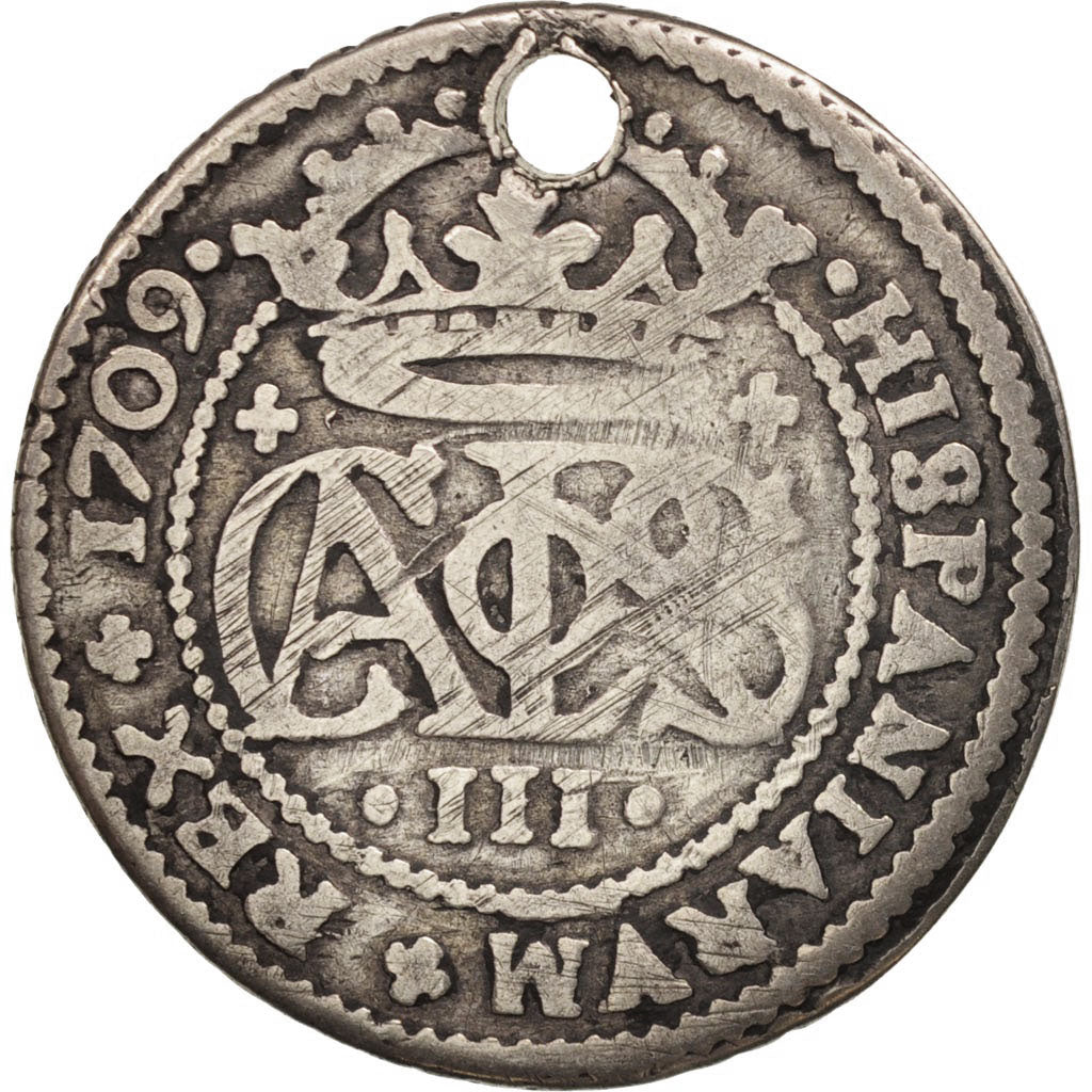 Spain, Charles III, 2 Réales, 1709, Barcelona, VF(20-25), Silver, KM:PT5
