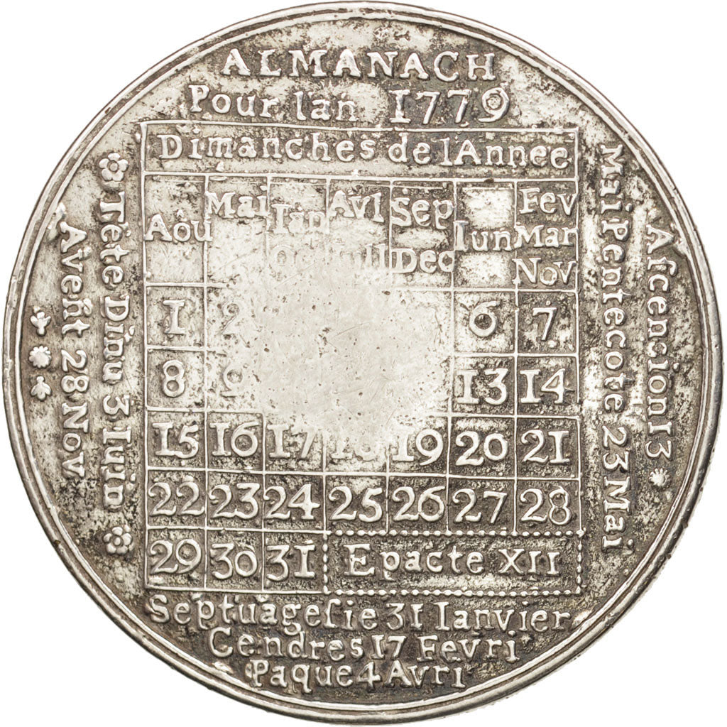France, Jeton, Royal, Almanach, Louis XVI, 1779, TB+, Silver Plated Base Metal