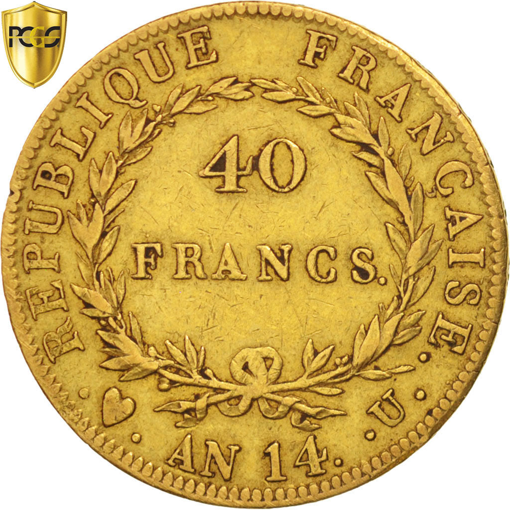 Moneda, Francia, Napoléon I, 40 Francs, AN 14, Torino, PCGS, VF30, BC+, Oro