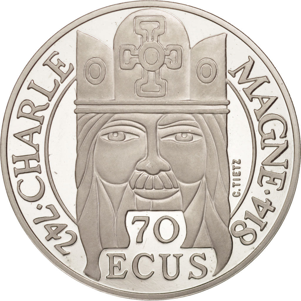 Coin, France, Charlemagne, 500 Francs-70 Ecus, 1990, Paris, MS(65-70), Platinum