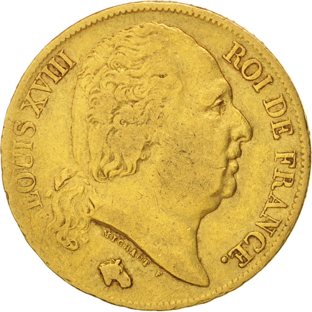 Francia, Louis XVIII, 20 Francs, 1818, Lille, BC+, Oro, KM:712.9