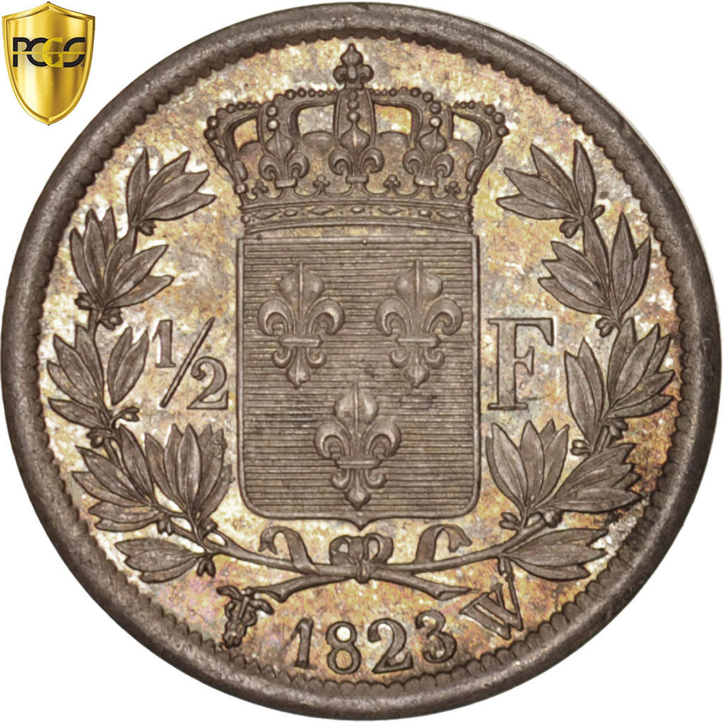 Monnaie, France, Louis XVIII, 1/2 Franc, 1823, Lille, PCGS, MS65, FDC, Argent