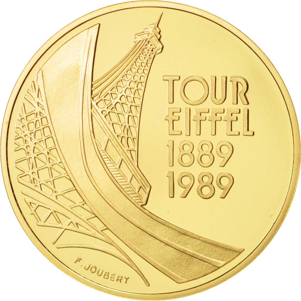 France, Tour Eiffel, 5 Francs, 1989, Paris, MS(65-70), Gold, KM:968b