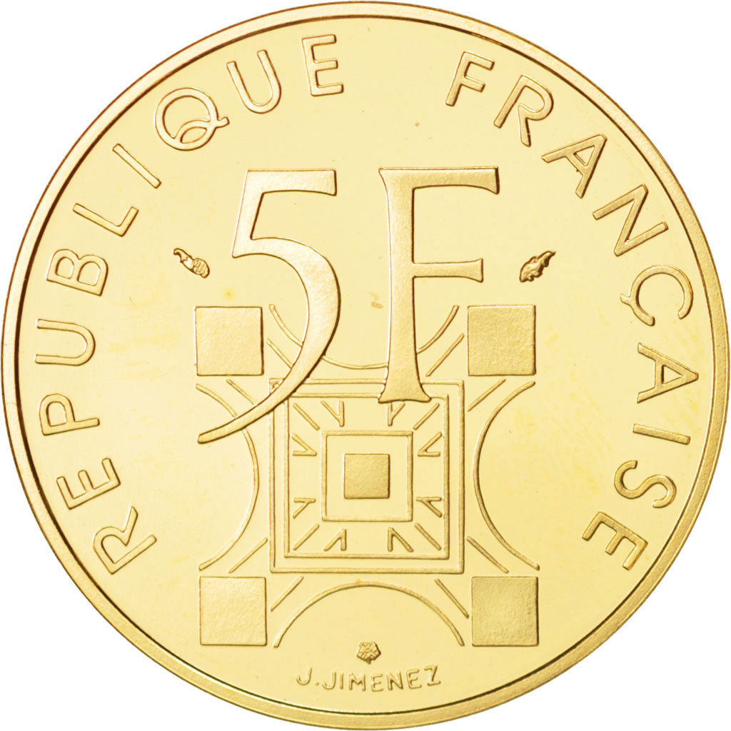 France, Tour Eiffel, 5 Francs, 1989, Paris, MS(65-70), Gold, KM:968b