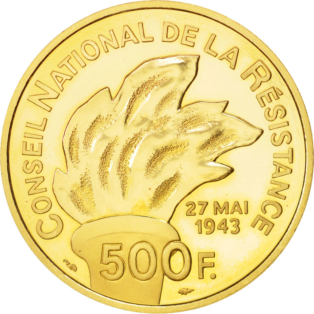 France, Jean Moulin, 500 Francs, 1993, Paris, MS(65-70), Gold, KM:1028